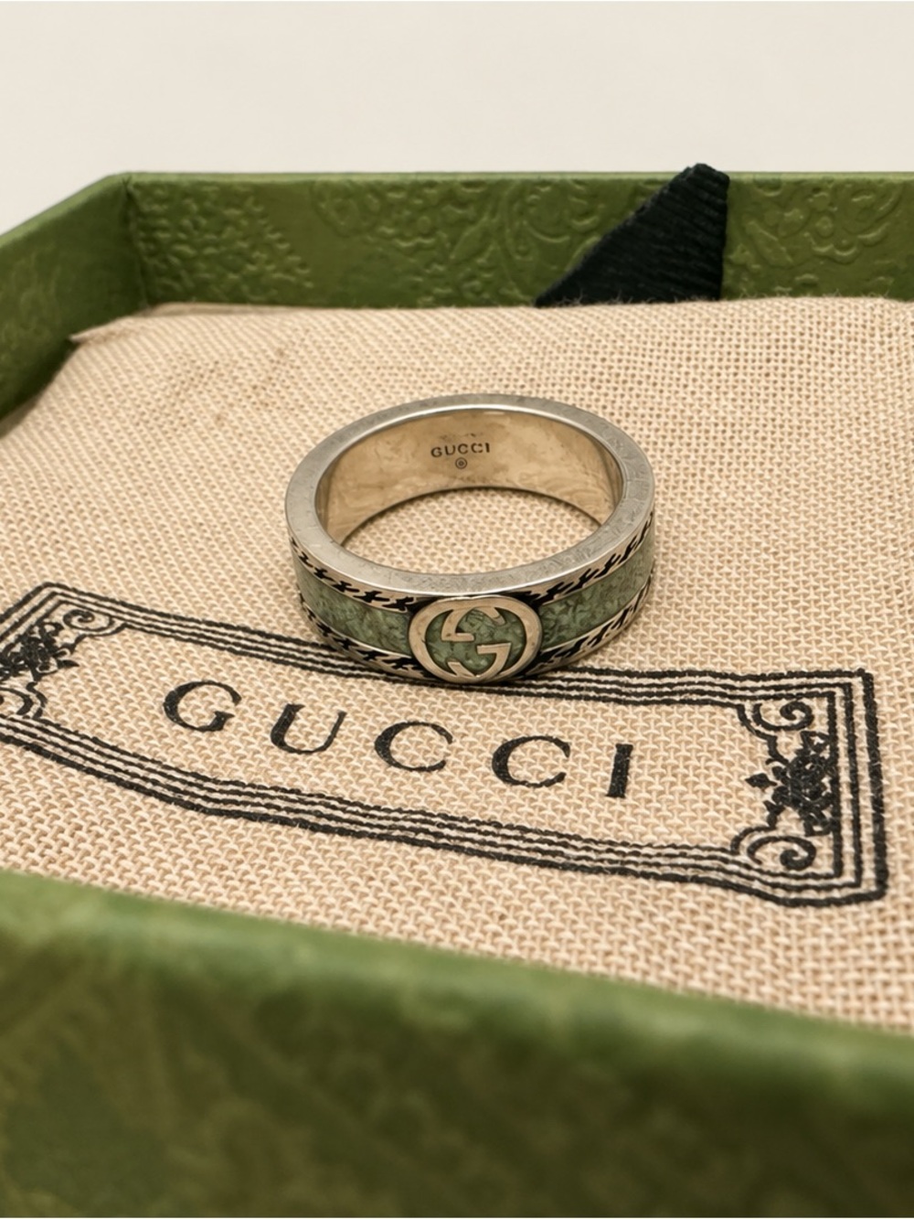 Gucci Interlocking GG green enamel ring sterling silver size 17/US 8 with box